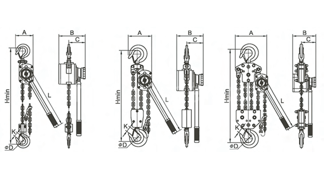 dimension drawing of aluminium lever manual chain hoist