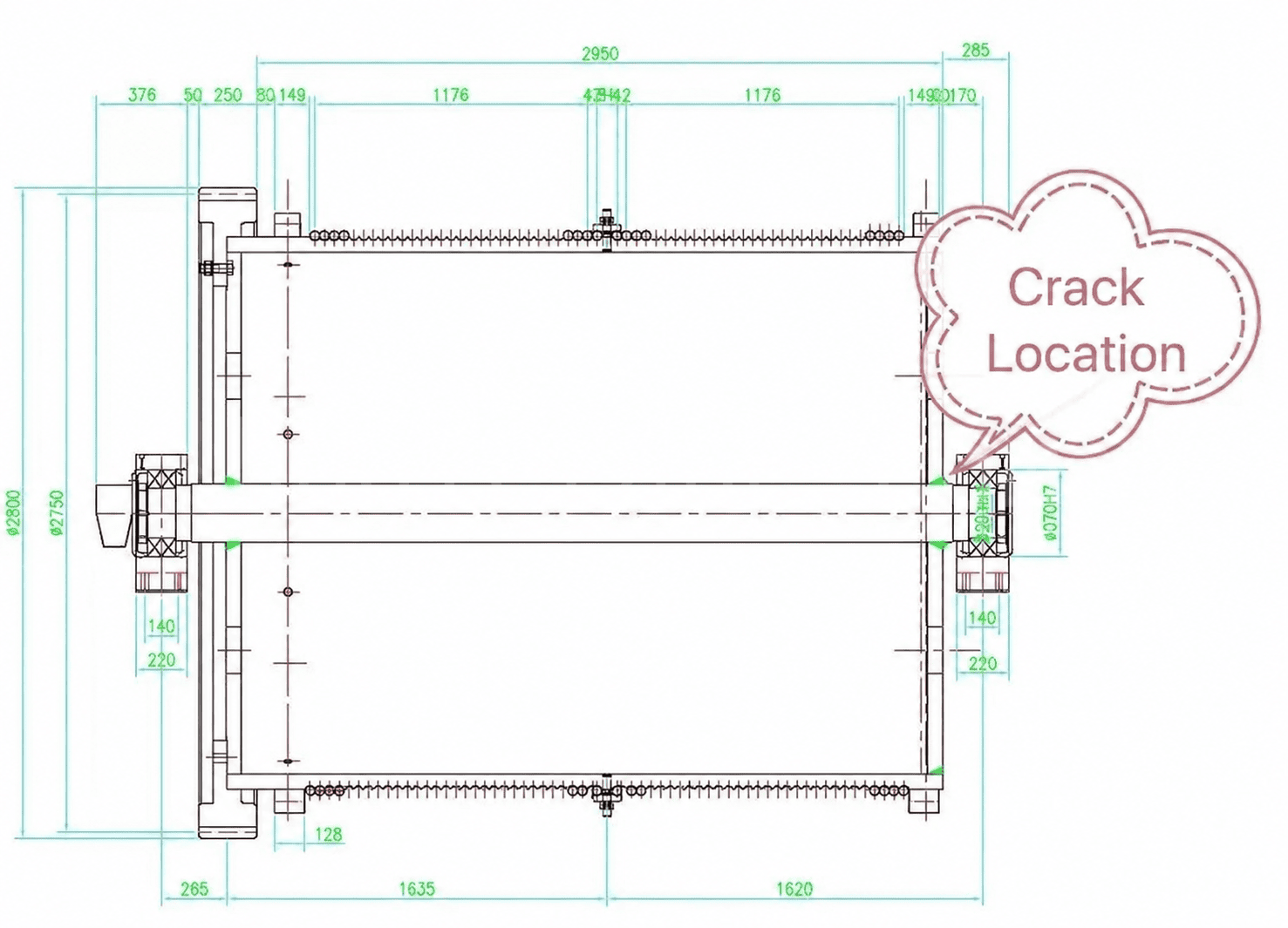 Schematic diagram of the cracking location in the weld between the drum web and the drum shaft