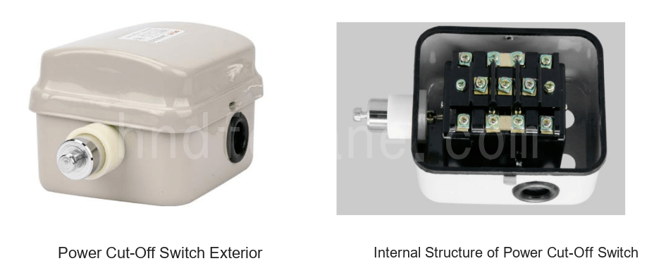 Exterior and internal contacts of a power cut-off limit switch