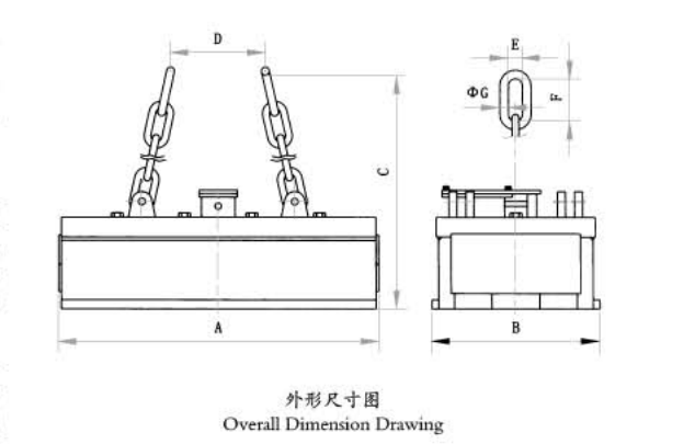 disegno dimensionale di ingombro del divaricatore elettromagnetico per il sollevamento di fasci di armature e profilati di acciaio